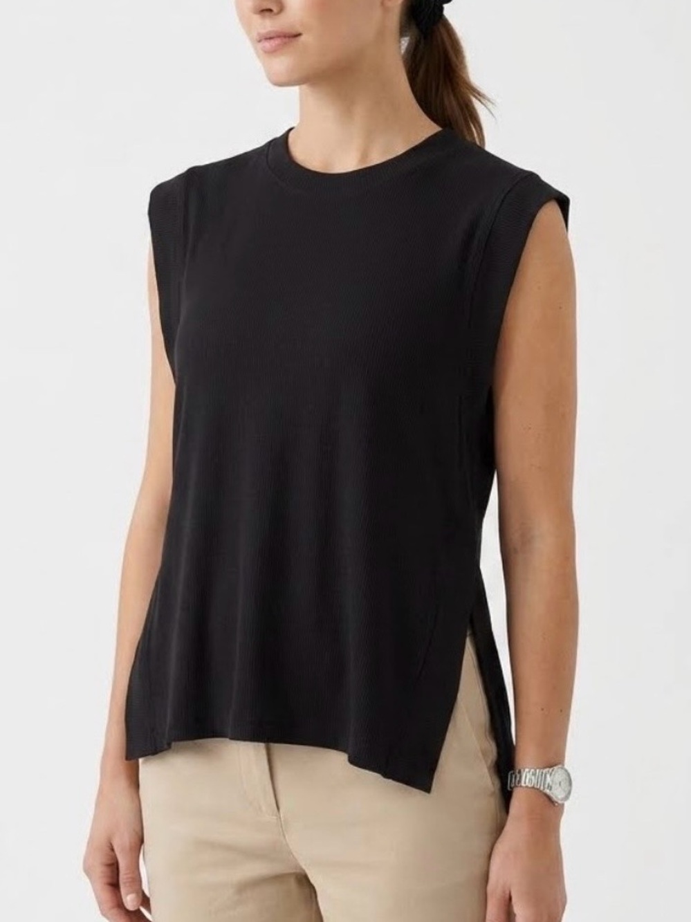 Evereve Mason Open Side Ribbed Muscle Tank Top Black XS S Elevated Basics